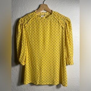ZARA Womens Yellow Blouse Blue Polka Dot Stretch Crepe Smocked Sleeve
